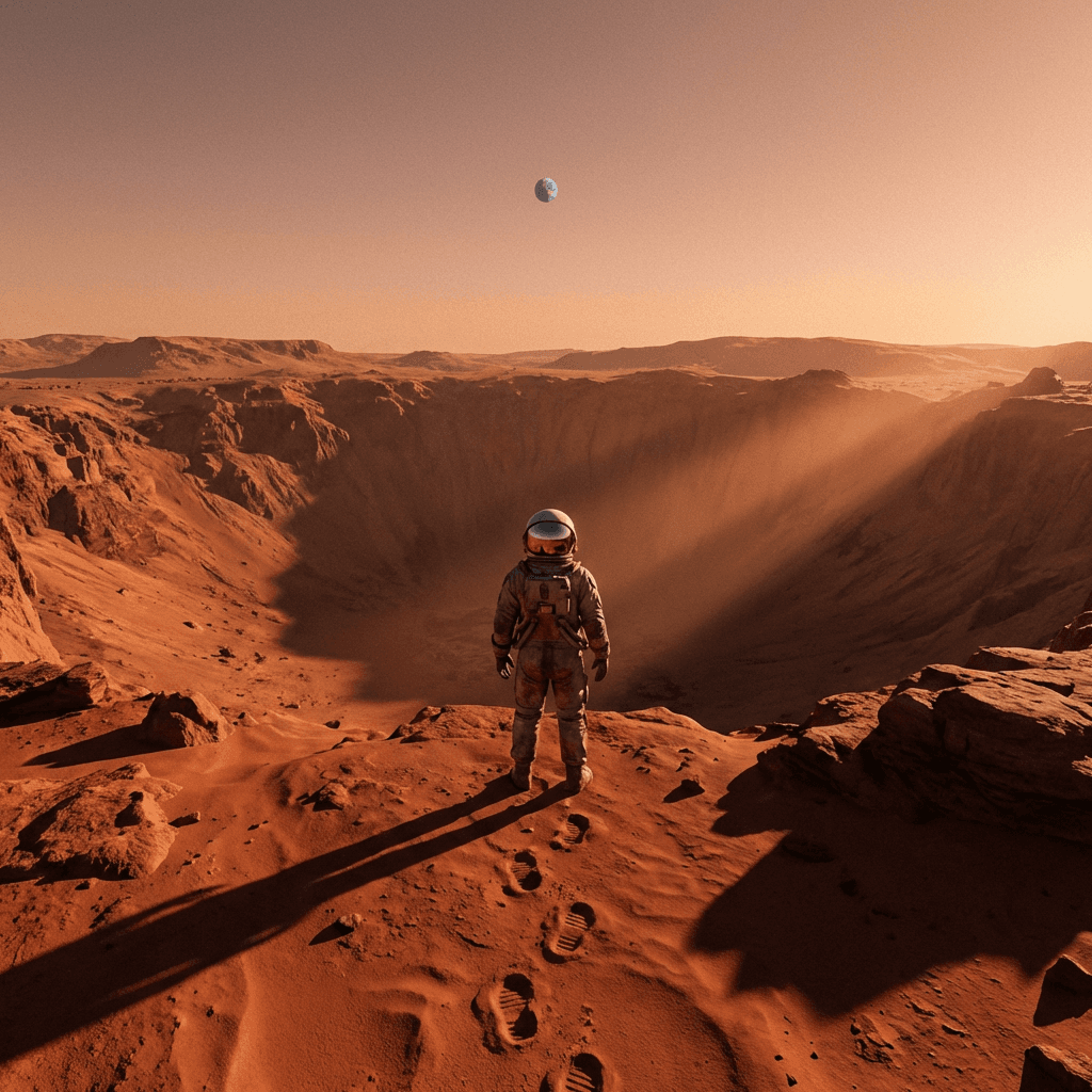 An astronaut on the rim of a crater on Mars at sunset