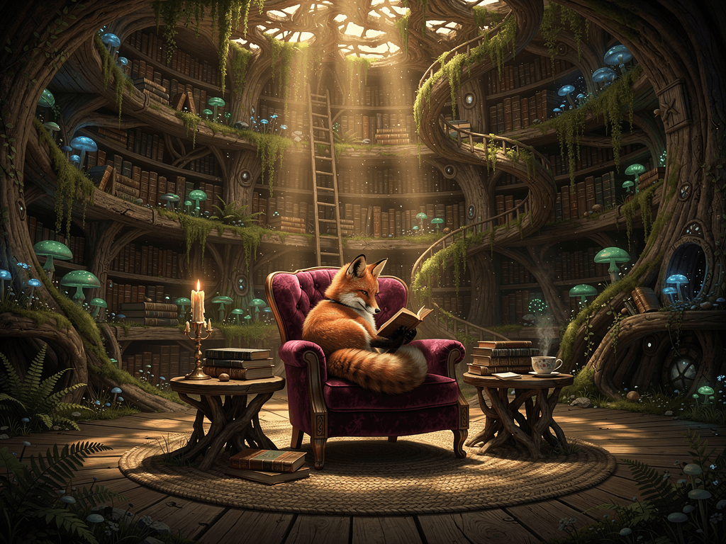 A fox reading in an overgrown library inside a hollow tree