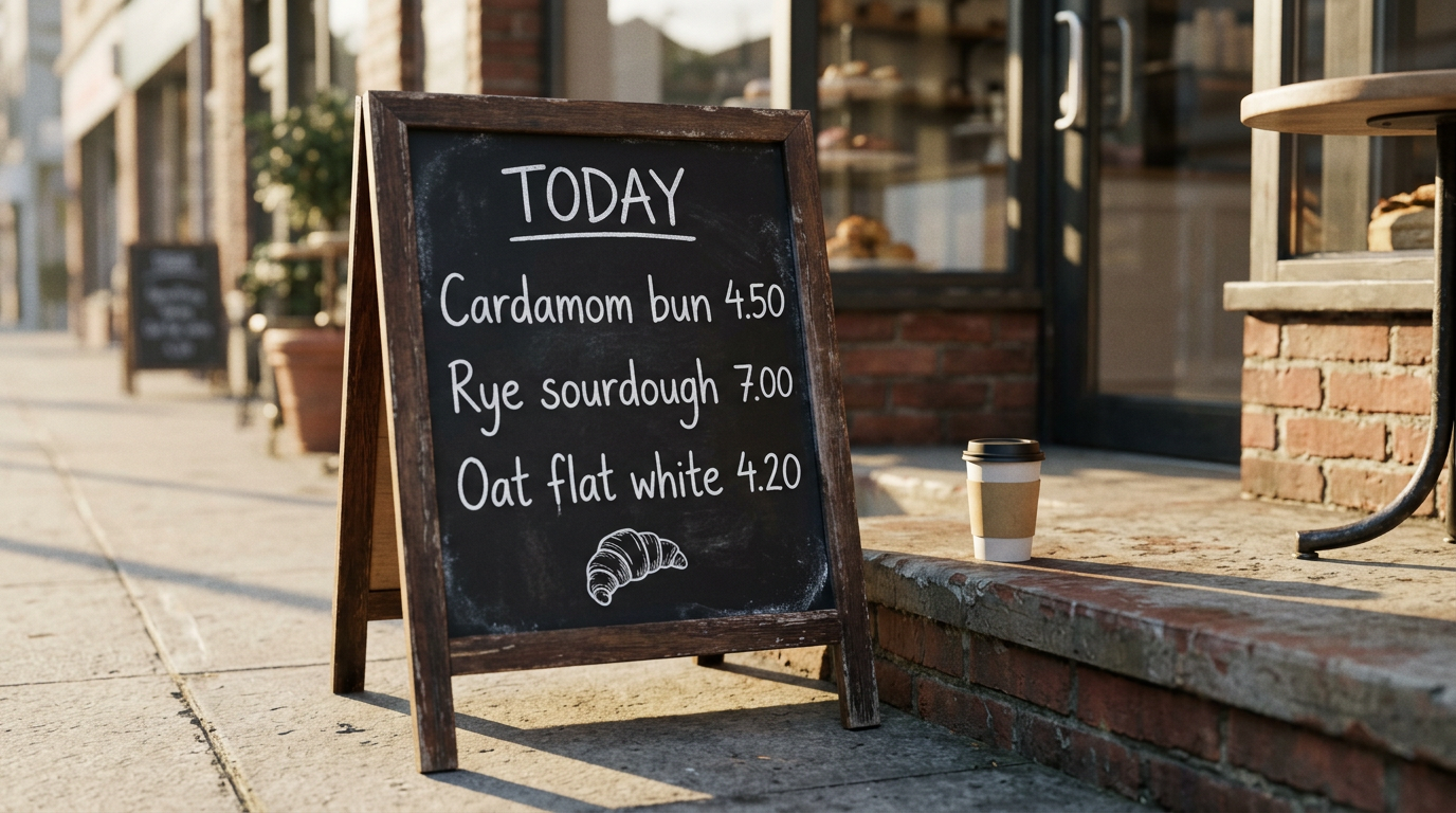 Nano Banana 2.1 sample: a bakery chalkboard menu on a sunny sidewalk listing three items with prices